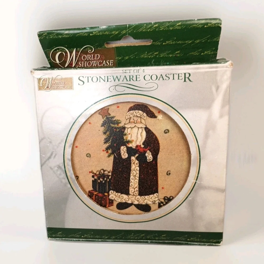 World Showcase Coasters Olde World Santa 4 Thirsty Stoneware Christmas Open Box